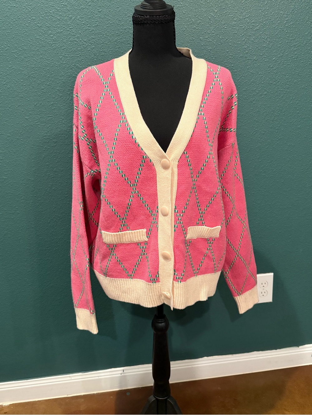 Cute Pink Argyle Cardigan with Cream Trim